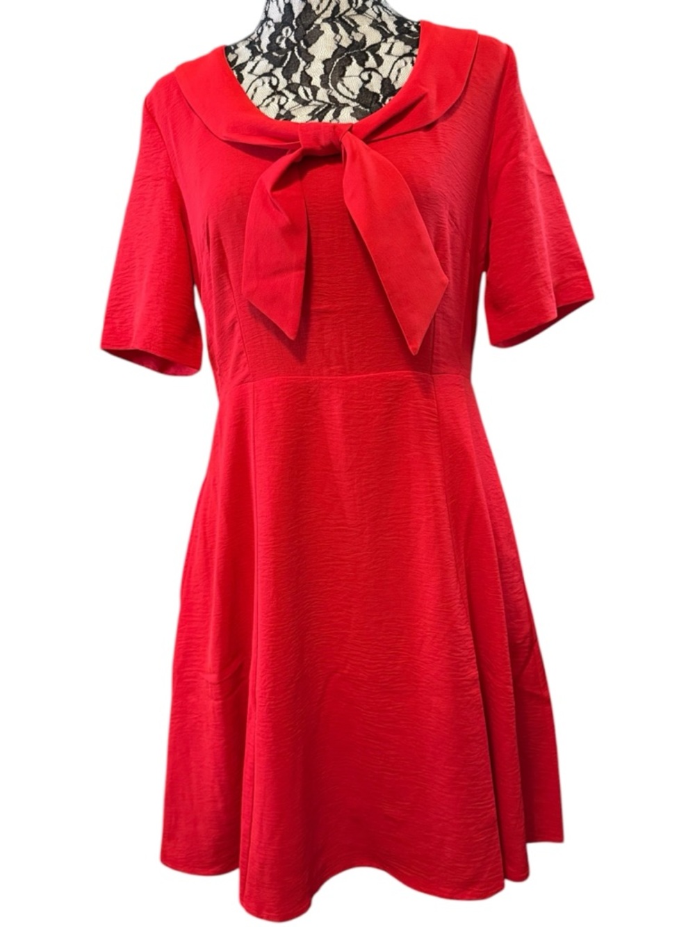 Tulip B Designed by J317 Red Short Sleeve Bow Neck A-Line Dress